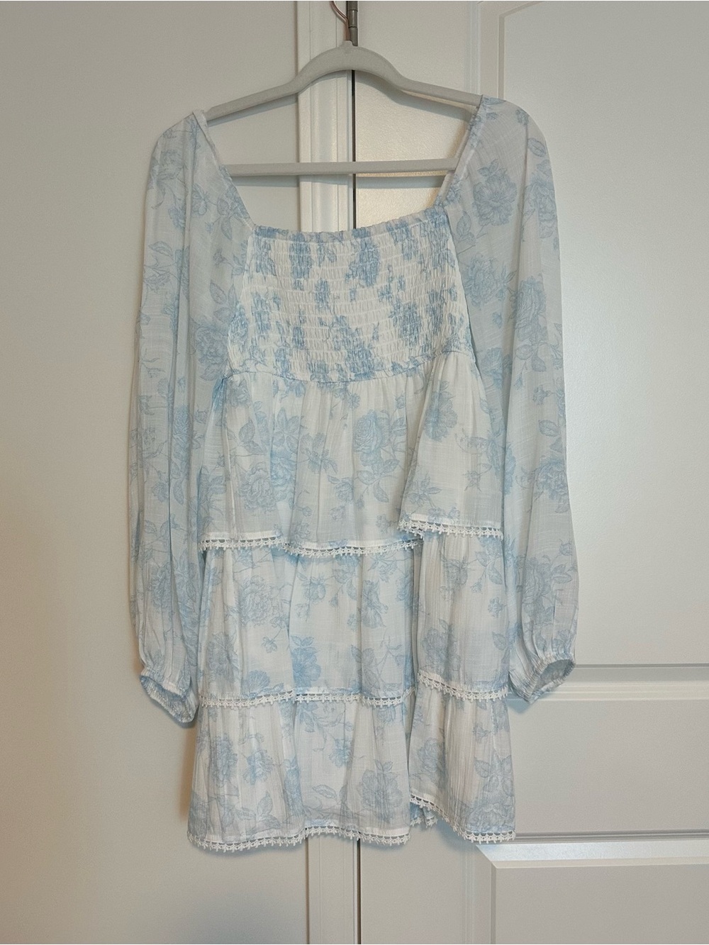 Altar'd State White Mini Dress with Light Blue Floral Print